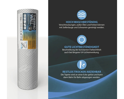 Rolle Thermo Wall Tapete mit Informationen zur Waschbeständigkeit, Lichtbeständigkeit und zum Ablösen