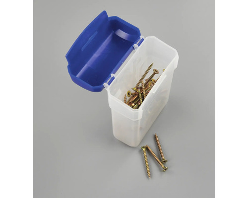Schrauben in einem Kunststoffbehälter mit blauem Deckel