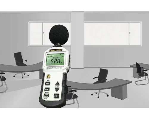 Laserliner Schallpegelmesser im Büroraum zur Messung des Lärmpegels