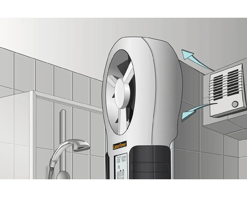 Laserliner Logo. Darstellung eines Anemometers zur Windmessung im Badezimmer.