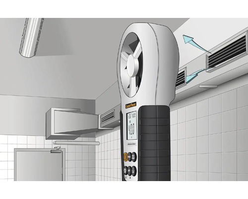Laserliner Logo. Darstellung eines Anemometers zur Luftstrommessung in einem Raum.