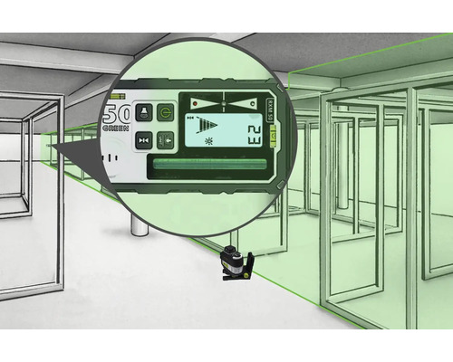 Illustration eines Raumes mit einem Linienlaser und einem vergrößerten Display zur Anzeige der Messwerte.