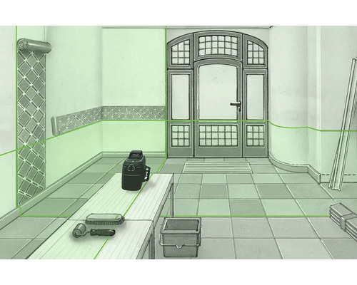 Illustration eines Flurs mit Werkzeugen und Materialien für Renovierungsarbeiten