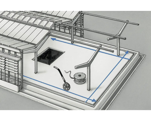 Skizze einer Terrasse mit Begrenzungslinien zur Darstellung der Abmessungen