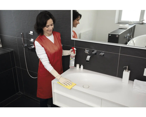 Frau putzt ein Waschbecken mit Reiniger und Lappen im Badezimmer.