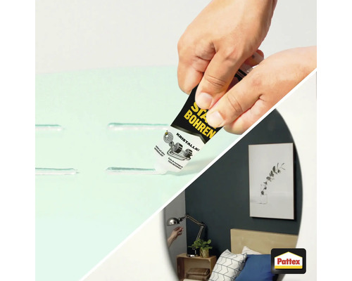 Auftragen von Montagekleber auf eine Oberfläche für die Wandmontage eines Bildes im Schlafzimmer