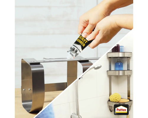 Auftragen des Montageklebers auf ein Metallregal im Badezimmer, Pattex Logo