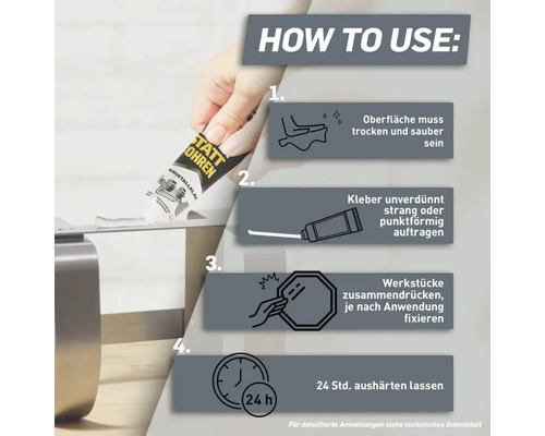 Anleitung zur Verwendung des Klebstoffs: Oberfläche reinigen, Kleber auftragen, Werkstücke fixieren und 24 Stunden aushärten lassen.