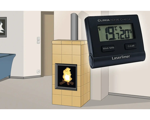 Illustration eines Wohnzimmers mit Kamin und digitalem Thermo-Hygrometer von Laserliner