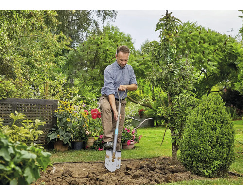 Mann gräbt mit Spaten im Garten