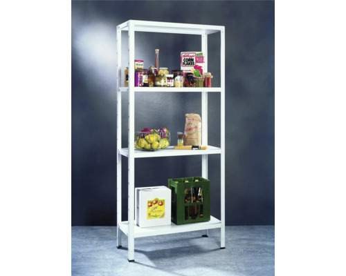 Weißes Metallregal mit vier Ebenen und diversen Lebensmitteln zur Lagerung