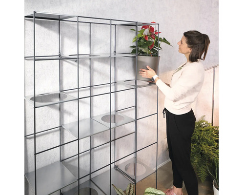 Frau stellt Topfpflanze in ein Metallregal mit Pflanzgefäßen