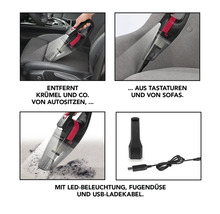 Akkusauger zur Reinigung von Autositzen, Sofas und Tastaturen mit LED-Beleuchtung, Fugendüse und USB-Ladekabel