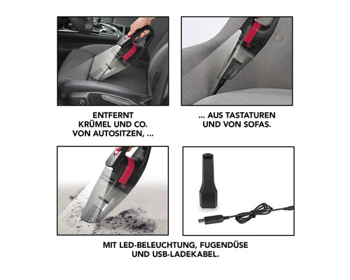 Akkusauger zur Reinigung von Autositzen, Sofas und Tastaturen mit LED-Beleuchtung, Fugendüse und USB-Ladekabel