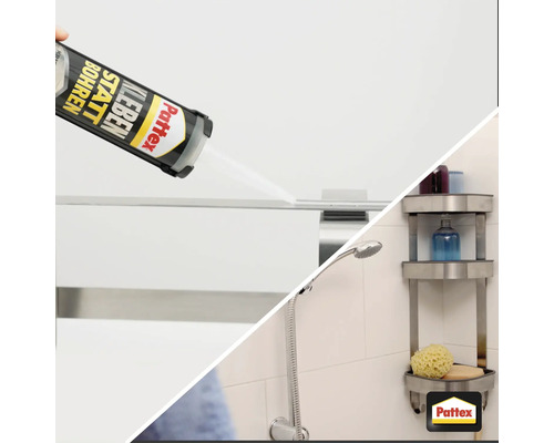Anwendung von Montagekleber im Badezimmer und Pattex Logo
