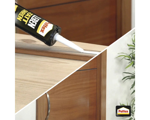 Auftragen von Dichtmasse aus einer Kartusche auf eine Holzoberfläche mit Pattex Logo