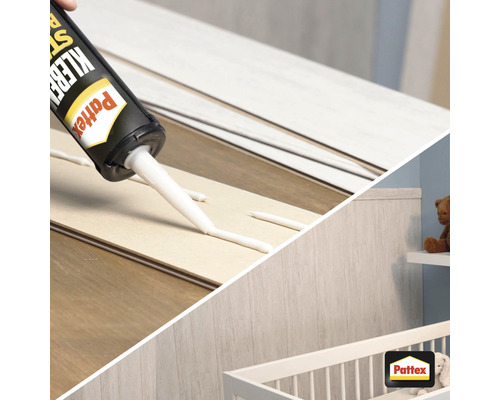 Anwendung von Montagekleber auf einer Paneele und ein Kinderzimmer mit Wandpaneelen. Pattex Logo.