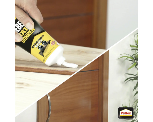 Auftragen von Montagekleber aus der Tube auf ein Holzmöbelstück