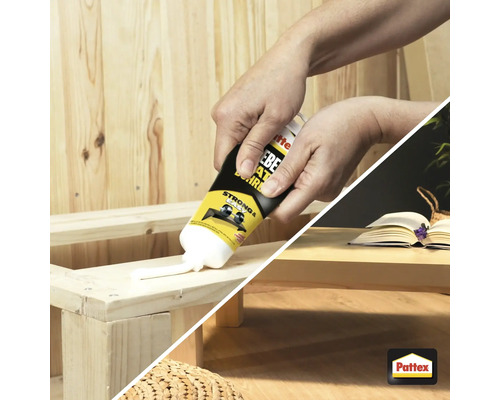 "Eine Person trägt Kleber auf ein Holzstück auf