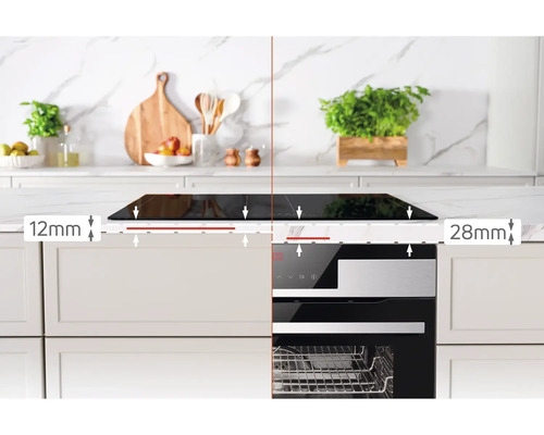 Einbauherd und Induktionskochfeld mit Maßangaben in einer hellen Küche.