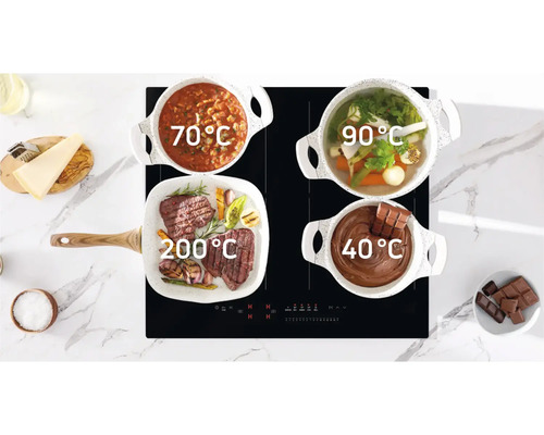 Induktionskochfeld mit vier Kochstellen und verschiedenen Töpfen mit Speisen bei unterschiedlichen Temperaturen