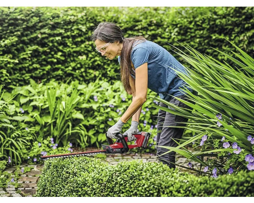 Eine Frau verwendet eine Akku-Heckenschere im Garten, um eine Hecke zu schneiden.