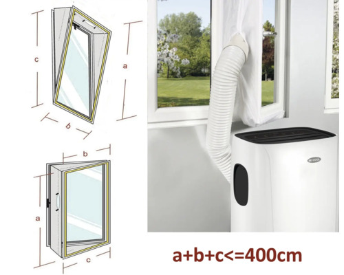 Illustration einer Fensterabdichtung für Klimaanlagen mit Maßangaben.