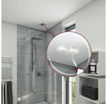 Badezimmer mit Dusche, Regal und Deckenbereich mit Feuchtigkeitsschaden