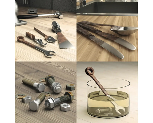 Kollage verschiedener Werkzeuge und Schrauben mit Rost