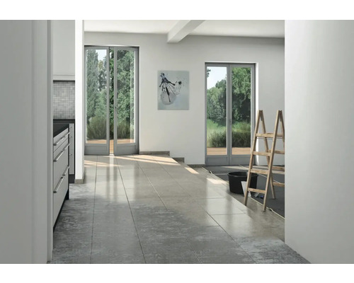 Heller Raum mit gefliestem Boden, Fenstertüren und Leiter