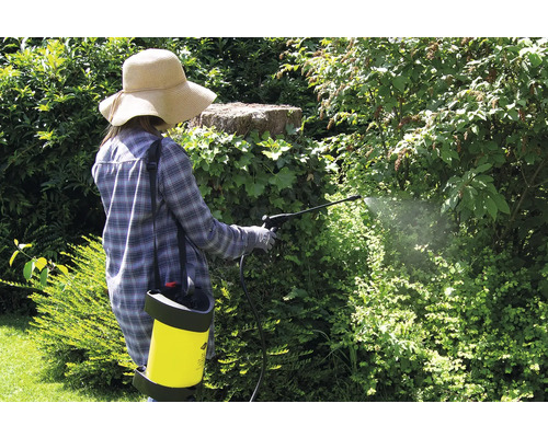 Frau im Garten sprüht Pflanzen mit Pflanzenschutzmittel und Rückenspritze