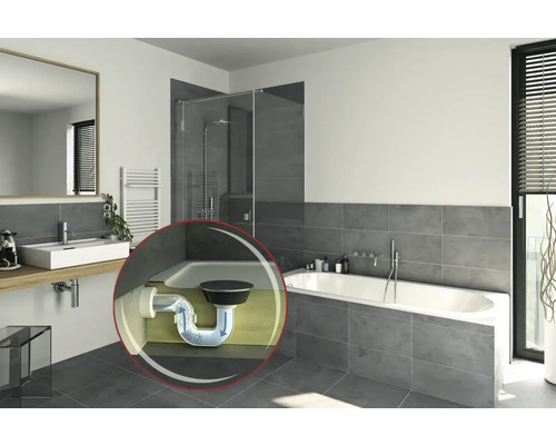 Badezimmer mit Badewanne, Waschbecken und schematischer Darstellung eines Siphons