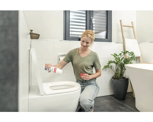 Frau reinigt Toilette mit Reiniger in hellem Badezimmer