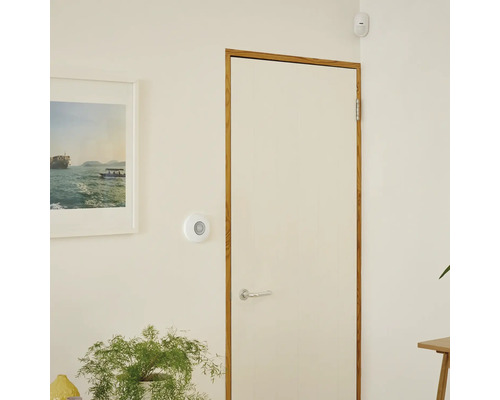 Innenaufnahme eines Raumes mit Tür, Bewegungsmelder und Bild