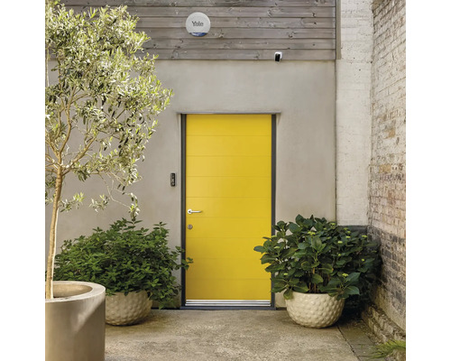 Eingangsbereich mit gelber Haustür, Pflanzen und Yale Logo