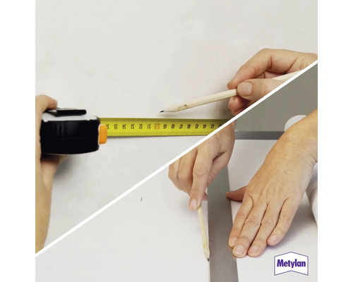 Zweiteiliges Bild: Oben wird mit einem Bandmaß gemessen und mit einem Bleistift markiert, unten wird mit einem Lineal und Bleistift eine Linie gezogen.