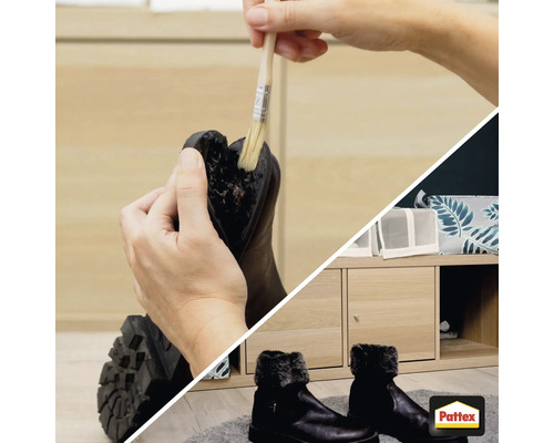 "Auftragen von Klebstoff auf einen Schuh mit einem Pinsel und Schuhregal im Hintergrund