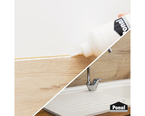Anwendung von Montagekleber auf Holzleisten im Innenbereich, gezeigt in Kombination mit einem Waschbecken und Wasserhahn. Ponal Logo.
