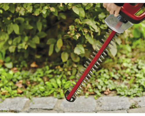 Person bedient eine Heckenschere vor einer Hecke.