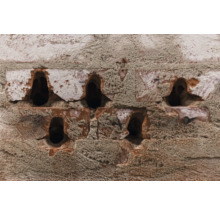 Nahaufnahme einer Lochfassade aus Ziegelsteinen.
