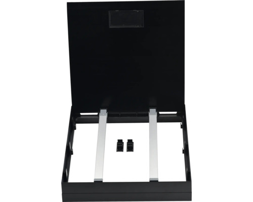 Offene, schwarze Aquarienabdeckung mit silberfarbenen Halterungen