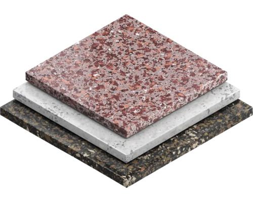 Drei Muster von Arbeitsplatten aus unterschiedlichen Materialien