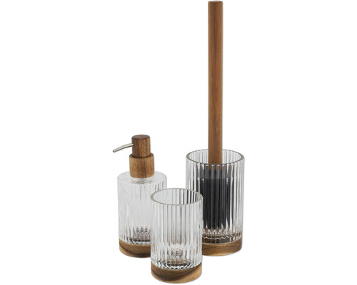 Badezimmer-Set mit Seifenspender, Becher und Toilettenbürstenhalter aus Glas und Holz