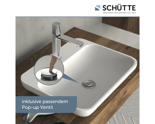 Aufgesetztes Waschbecken mit Wasserhahn und inklusivem Pop-up Ventil.