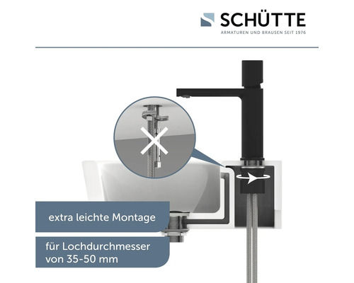 Schütte Logo. Schemazeichnung einer Waschtischarmatur in Schwarz mit Montagehinweisen.