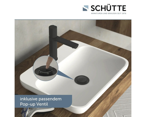 Waschbecken mit schwarzer Armatur und Pop-up Ventil