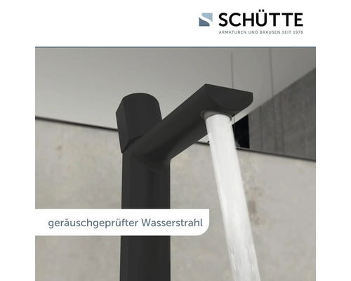 Schwarzer Wasserhahn mit laufendem Wasser und geräuschgeprüftem Wasserstrahl