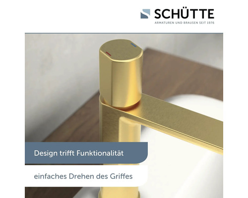 Schütte Armaturen Logo. Badezimmerarmatur aus Messing.