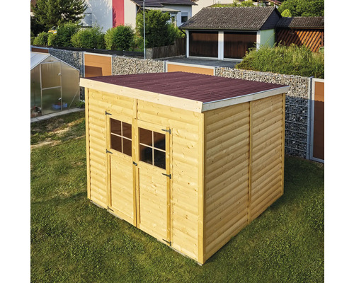 Holzgartenhaus mit Doppeltür und rotem Dach auf Rasen