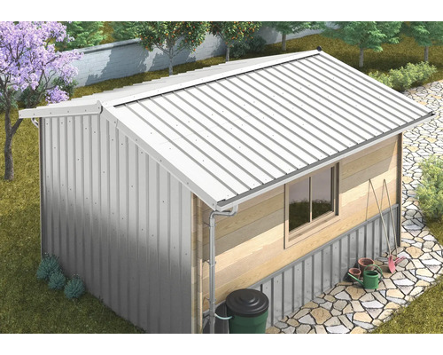 Gartenhaus mit Metalldach und Holzelementen
